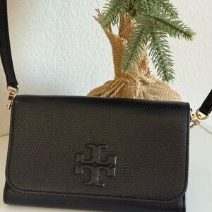 Tory Burch Black Pebbled Leather Thea Crossbody Bag with Gold Hardware
